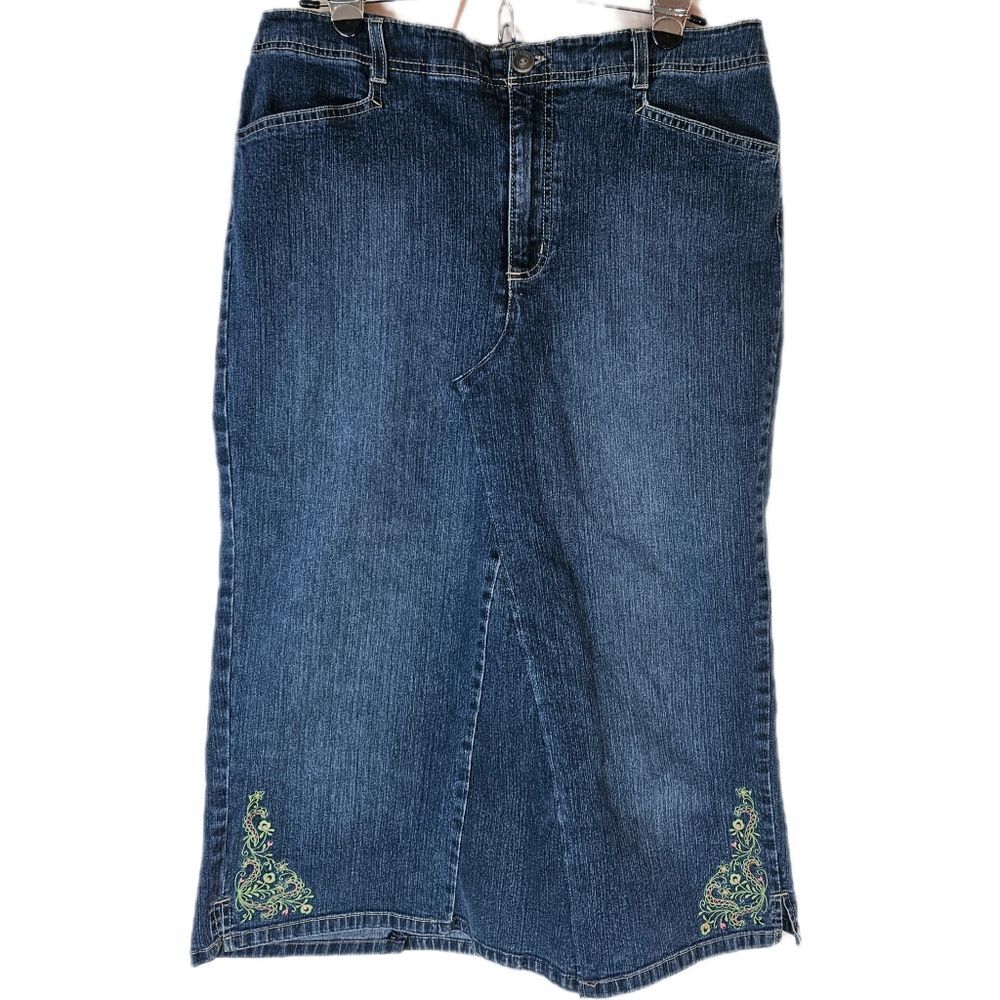 Gloria Vanderbilt Handmade Denim Midi Skirt Womens 12 Floral Embroidered 90s Y2K
